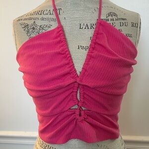 Ruched Hot Pink Ribbed Halter Top